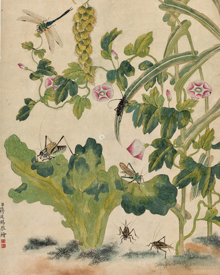 蒋廷锡(款)(清) 工笔花鸟鱼虫图 设色纸本立轴